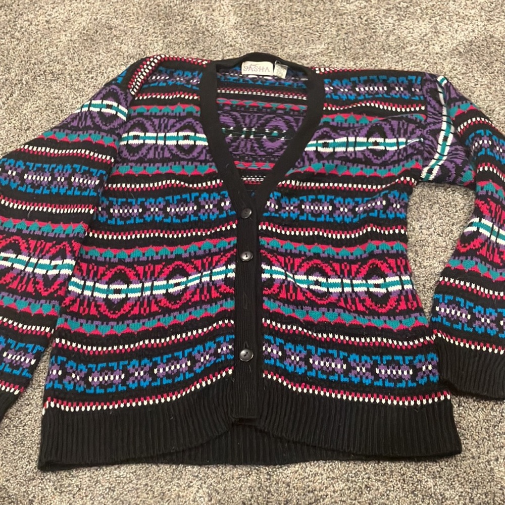 Just Sasha Button Up Cardigan Vintage 80's Horizontal Stripe Grandpa Women's S